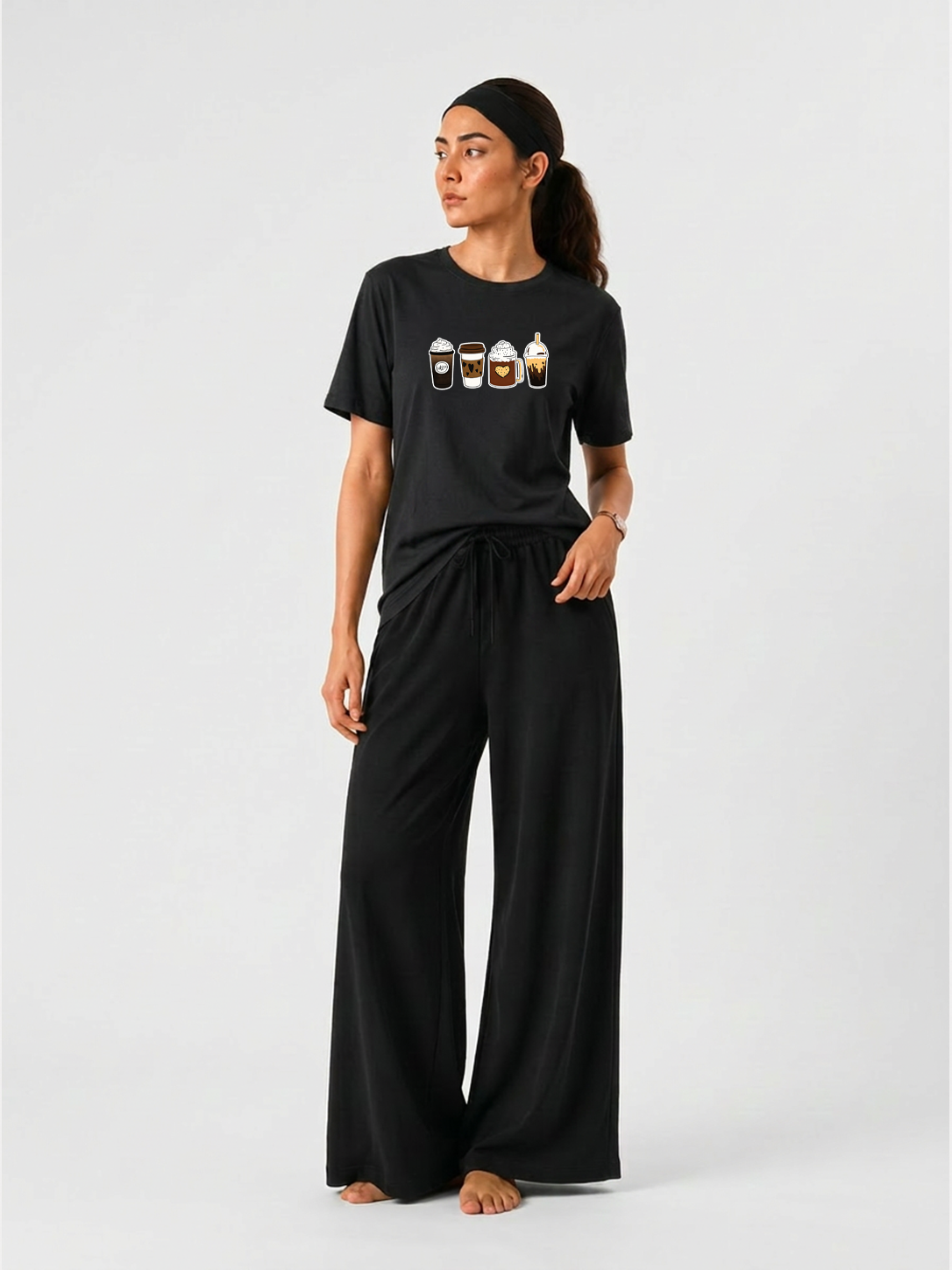Coffee Lovers Graphic T-shirt & Wide Legs Pant Set For Women's