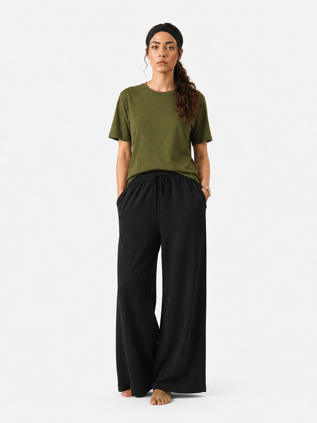 Simple Tees & Wide Leg Pants Set for Women (Olive Green)