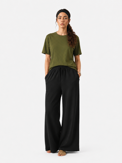 Simple Tees & Wide Leg Pants Set for Women (Olive Green)