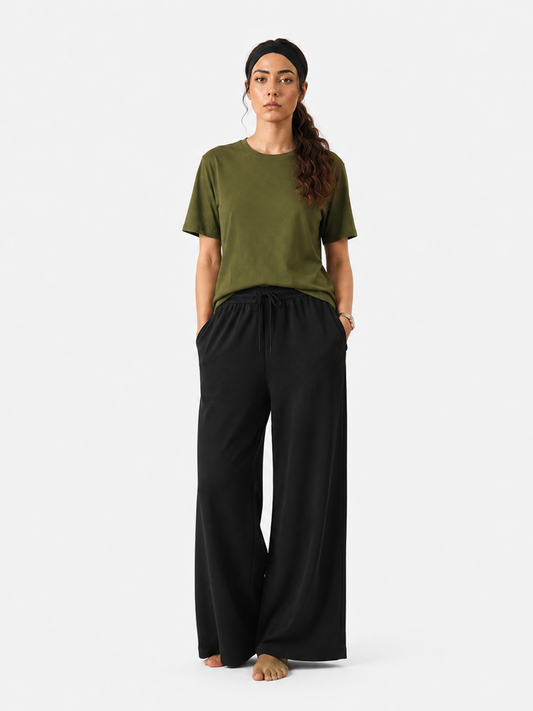 Simple Tees & Wide Leg Pants Set for Women (Olive Green)