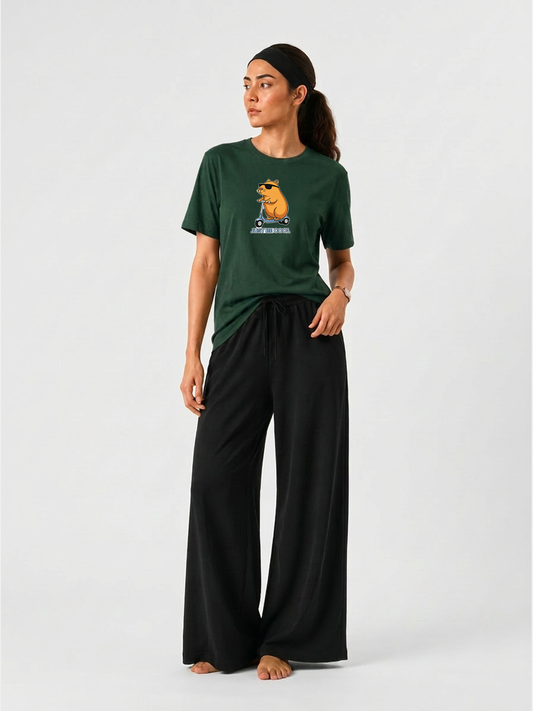Bunny Scooter Graphics T-shirt & Wide Leg Pants Set For Women's