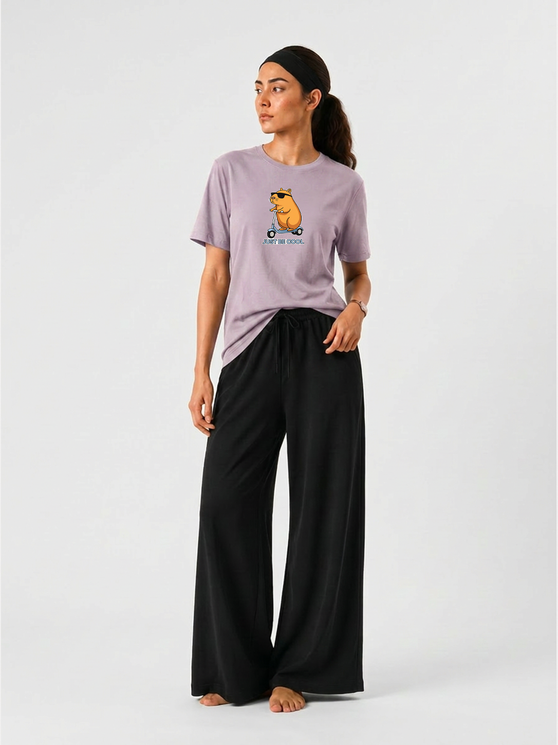 Bunny Scooter Graphics T-shirt & Wide Leg Pants Set For Women's