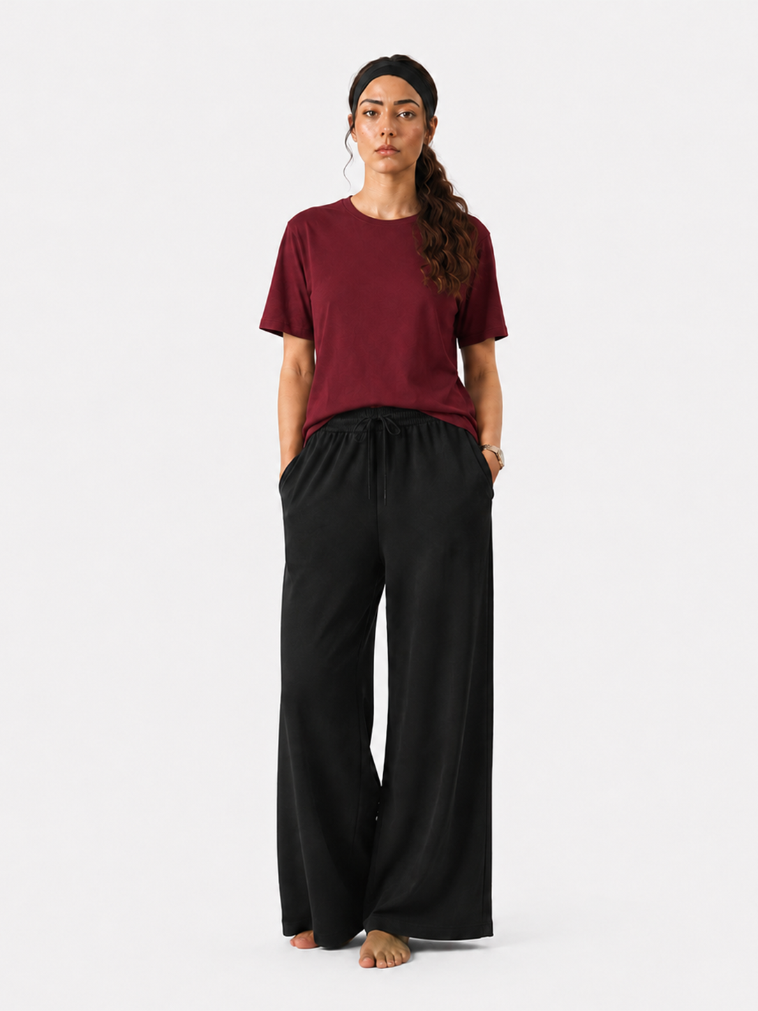 Simple Tees & Wide Leg Pants Set for Women (Maroon)