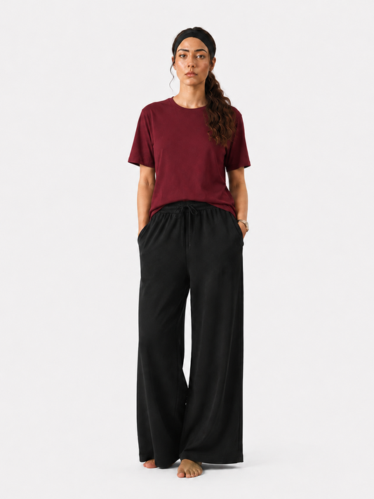 Simple Tees & Wide Leg Pants Set for Women (Maroon)