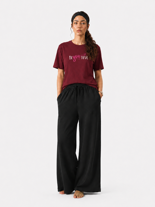 Women’s Maroon Graphic T-Shirt & Wide Leg Pants Set
