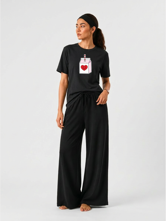 Juice Box Graphics T-shirts & Wide Leg Pants Set For Women's