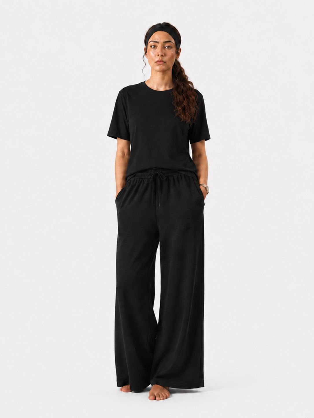 Simple Tees & Wide Leg Pants Set for Women (Black)