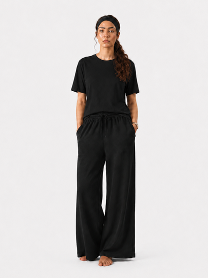 Simple Tees & Wide Leg Pants Set for Women (Black)