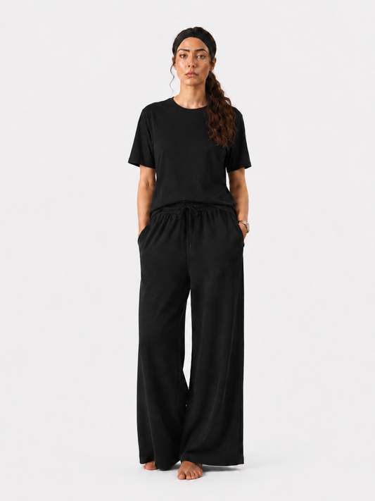 Simple Tees & Wide Leg Pants Set for Women (Black)