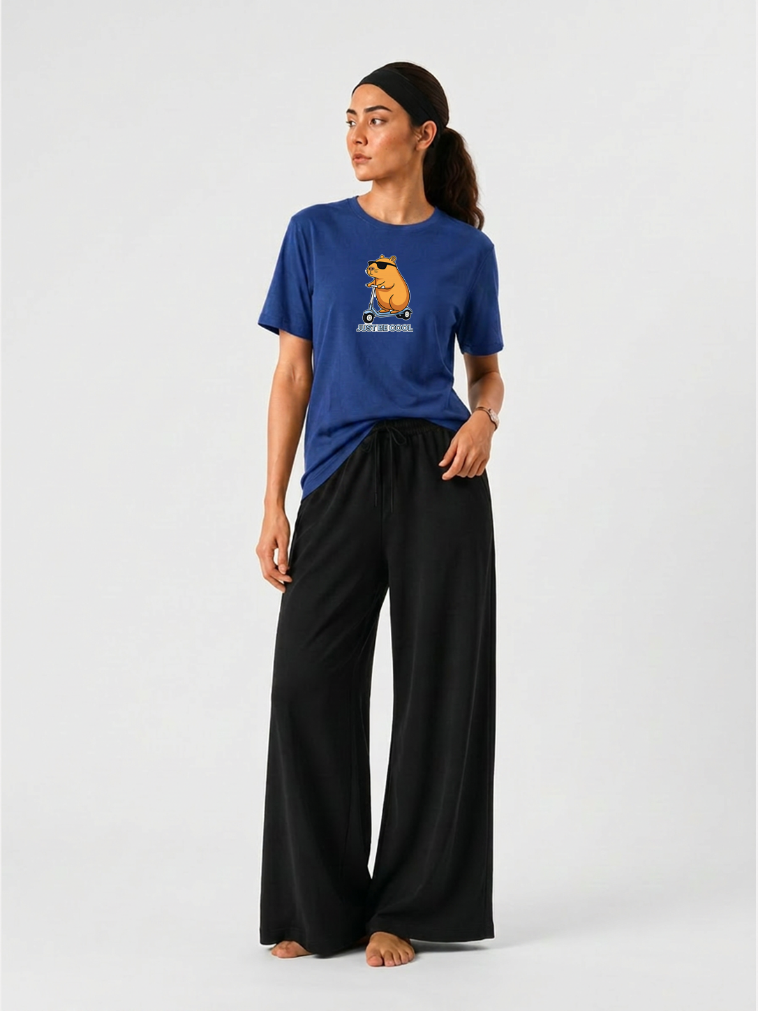 Bunny Scooter Graphics T-shirt & Wide Leg Pants Set For Women's