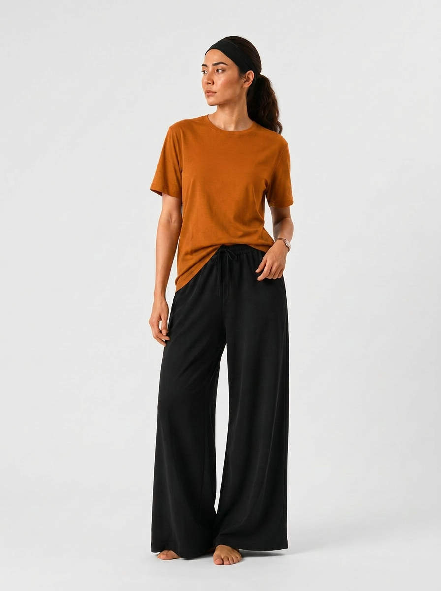 Simple Tees & Wide Leg Pants Set for Women (Orange)